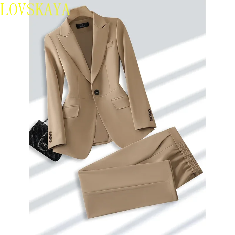 Women Formal Pant Suit Beige Khaki Pink Ladies Blazer Jacket +Trouser Fashion Office Business Work Wear 2 Piece Set