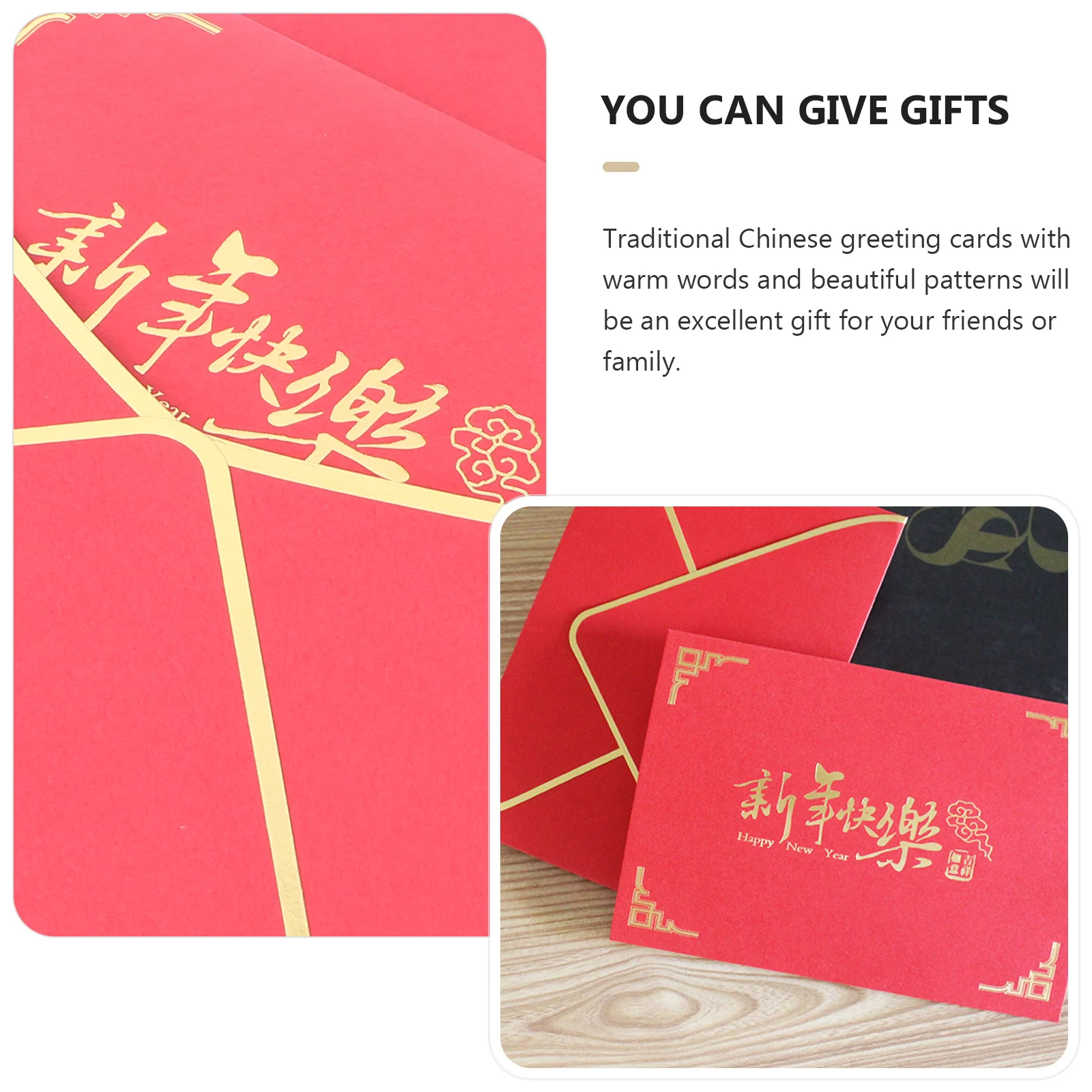 4Pcs Chinese Blessing Cards Red Traditional Greeting Cards Set with Warm Text Beautiful Patterns for New Year Party Gift