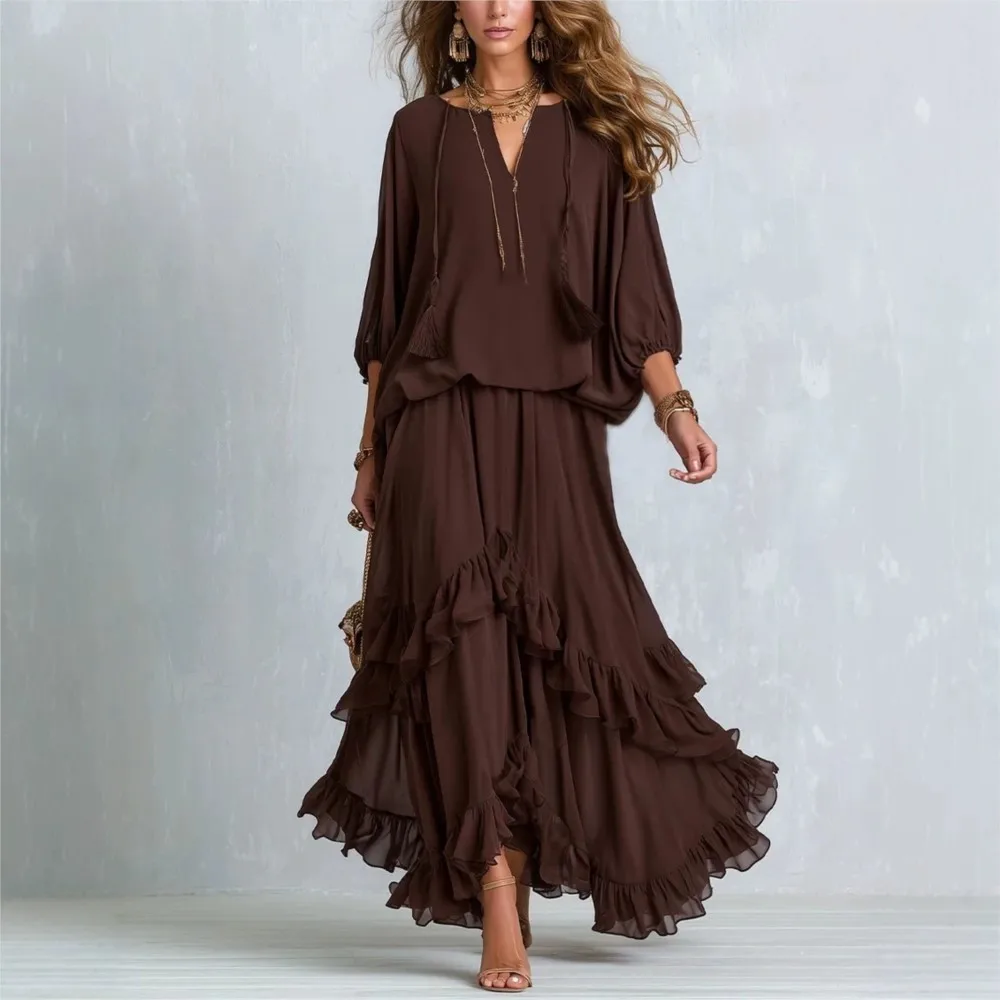 Boho Retro Solid Skirt Two Piece Sets Women Tie V Neck Loose Top & Tiered Ruffle Hem Skirt Sets Autumn Casual Party Outfits