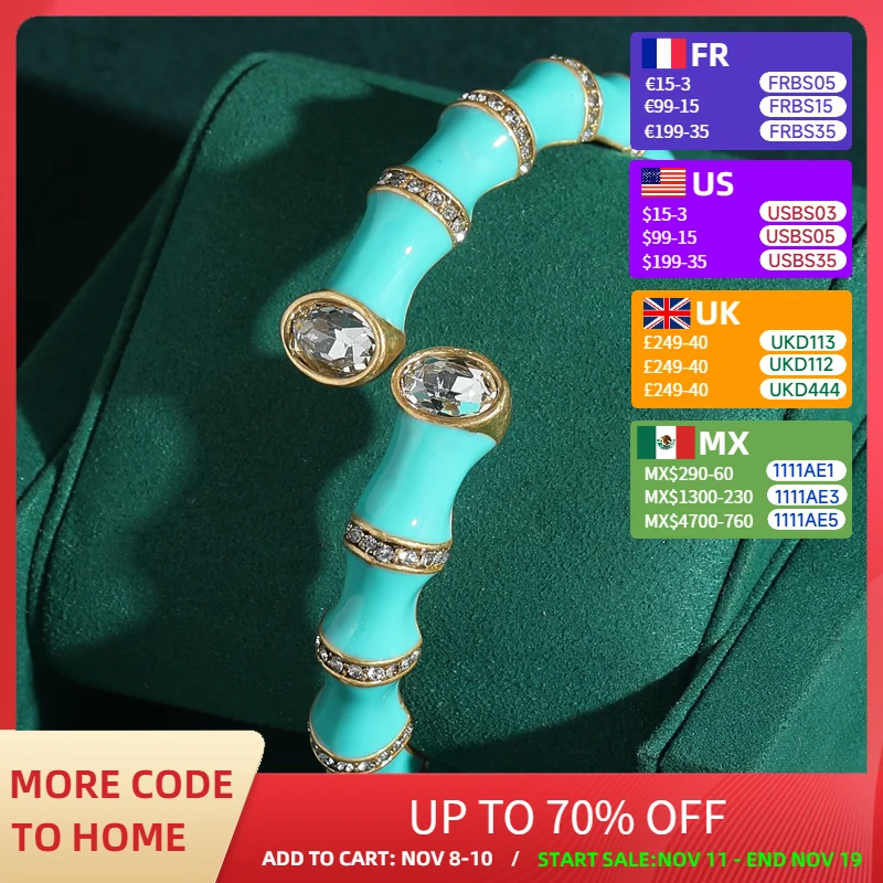 

Vintage Blue Green Enamel Snake Bone Opening Bangles Handmade Charm Bamboo Bracelet Crystal Gold Color Antique Jewelry for Women