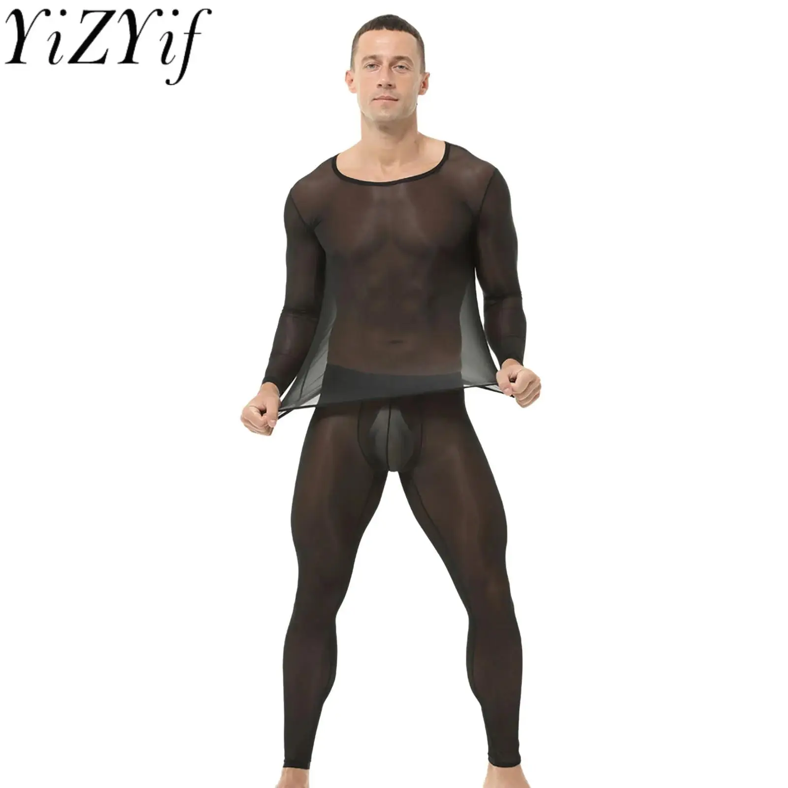 

Мужские прозрачные сетчатые пижамы, комплекты нижней рубашки, легкий прозрачный сетчатый топ с длинными рукавами и леггинсы, брюки для ночного белья