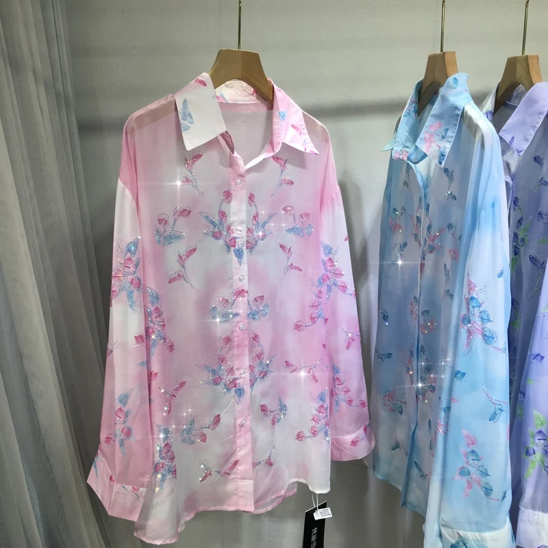 Shiny Hot Drilling Women Blouses 2024 New Summer Long Sleeve Thin Cardigans Top Gradient Tie Dyeing Flower Sunscreen Shirts