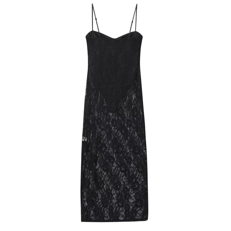 HXAO Abito da donna in pizzo Slip Abiti da festa lunghi Senza maniche Corsetto in tulle Abito nero Abiti eleganti sexy semi trasparenti senza schienale
