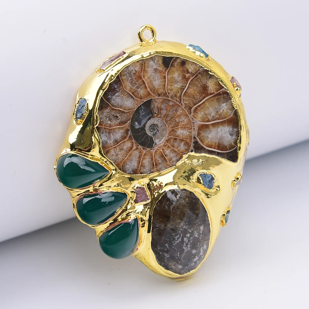 APDGG 2 Pcs Big Natural Conch Green Agate Labradorite Tourmaline Paved Golden Pendant Necklace Jewelry DIY