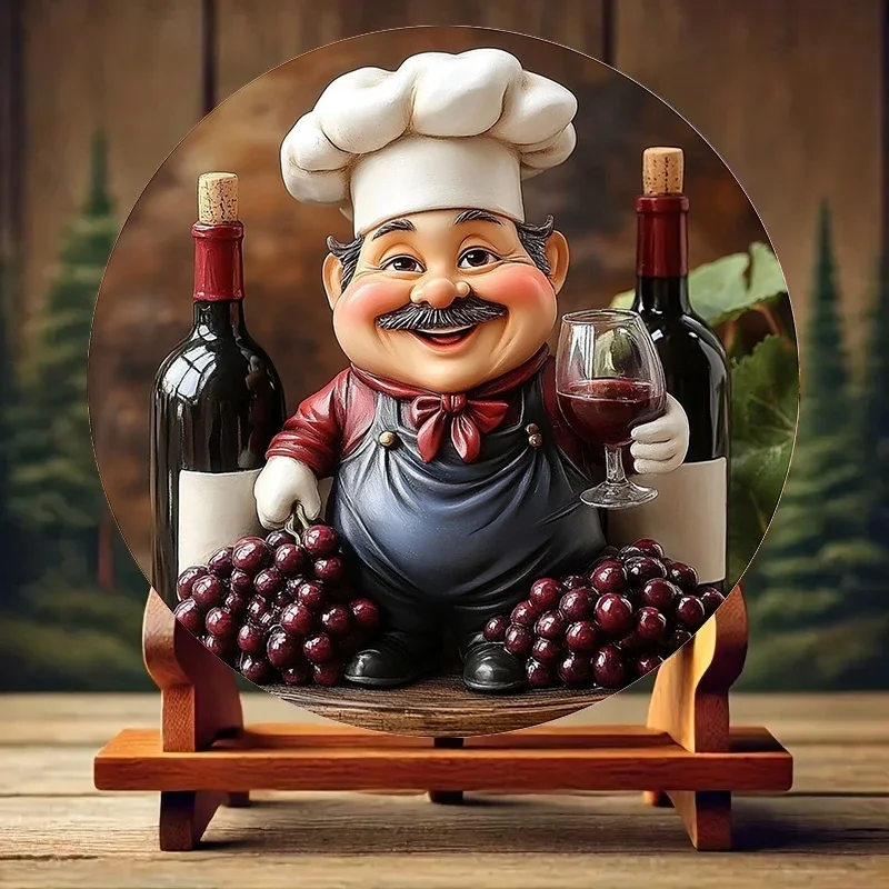 2D 8in Planar Fantasy Chef Wooden Round Plate Color-Printed Cartoon Chef Wine Design Kitchen Restaurant Chef aWard Pendant Gifts