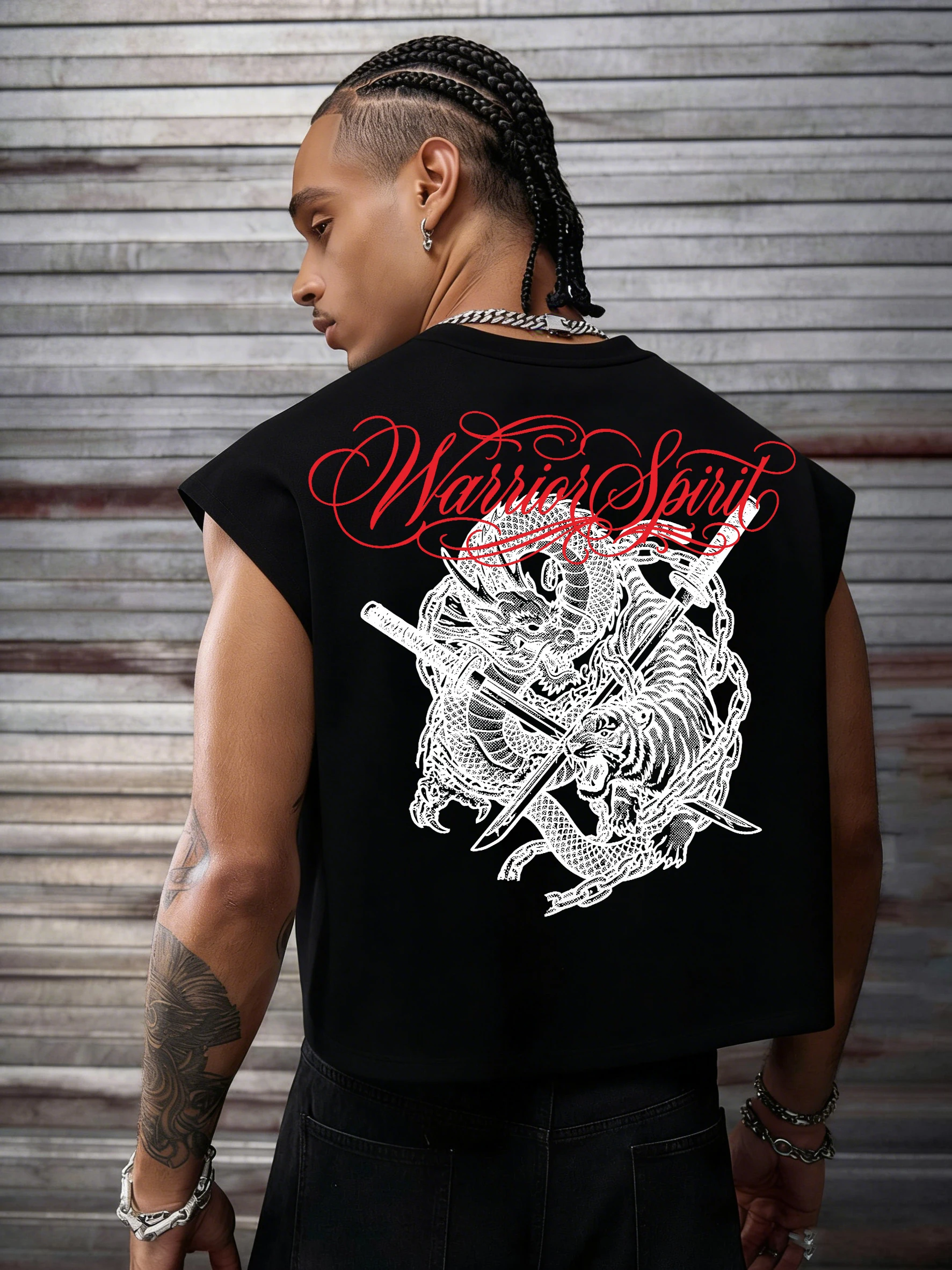 Herren Warrior Spirit Drachen Tiger Katana Rückendruck Ärmelloses Crop Tank Top Polyester S-2XL Locker Y2K Streetwear Cut-Off Weste – Detail 1