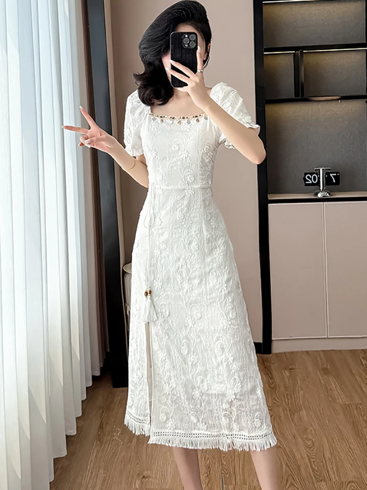 

2025 White Embroidery Jacquard Chic Tassel Long Dress Summer Puff Sleeve Diamonds Square Collar Dress Women Elegant Party Dress