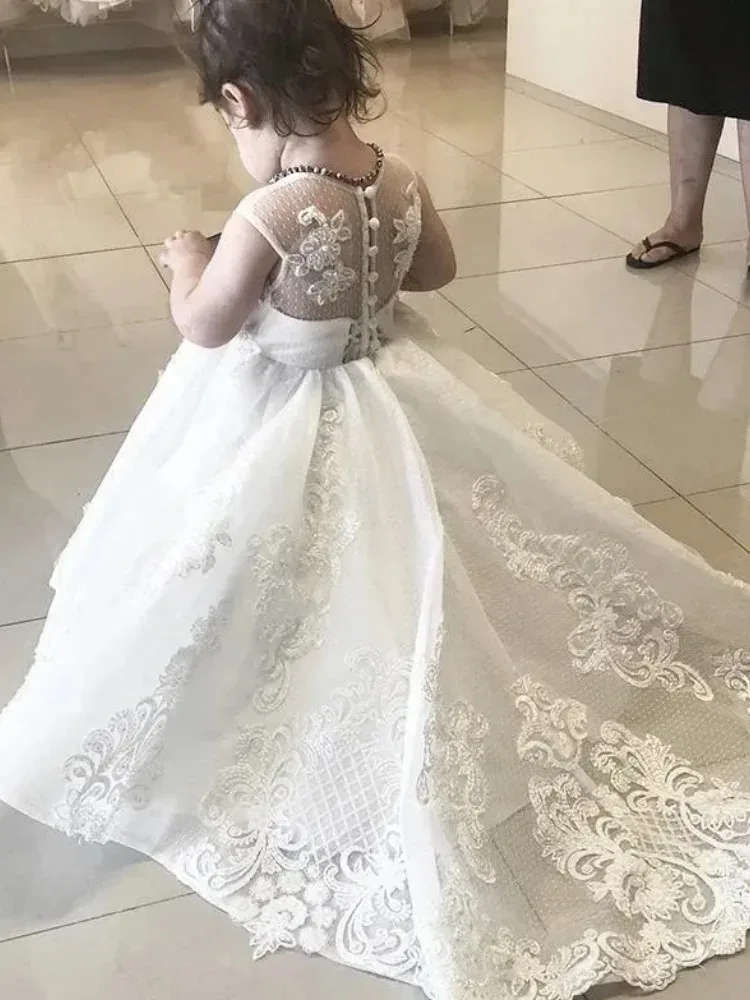 Customized White Flower Girl Dresses for Wedding Lace Appliques Princess First Communion Kids Birthday Party Ball Gowns