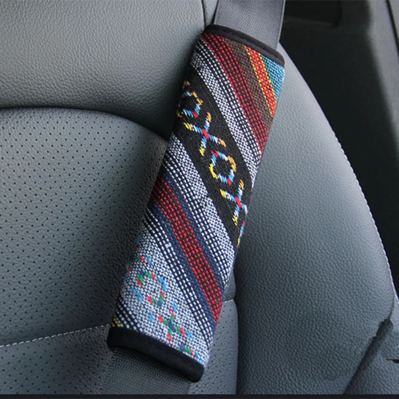 Car Seat Belt Cover Embossed Seat Belt Cushion Ethnic Style Linen Breathable Protector Safety Belt Shoulder Protective Cover