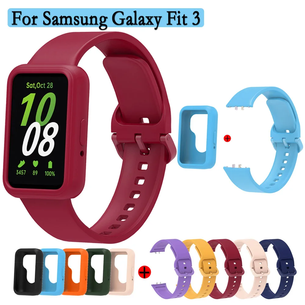 For Samsung Galaxy Fit 3 Watchband Set 2-in-1 Silicone Strap+Watch Case Wristband Replacement With Same Color Buckle