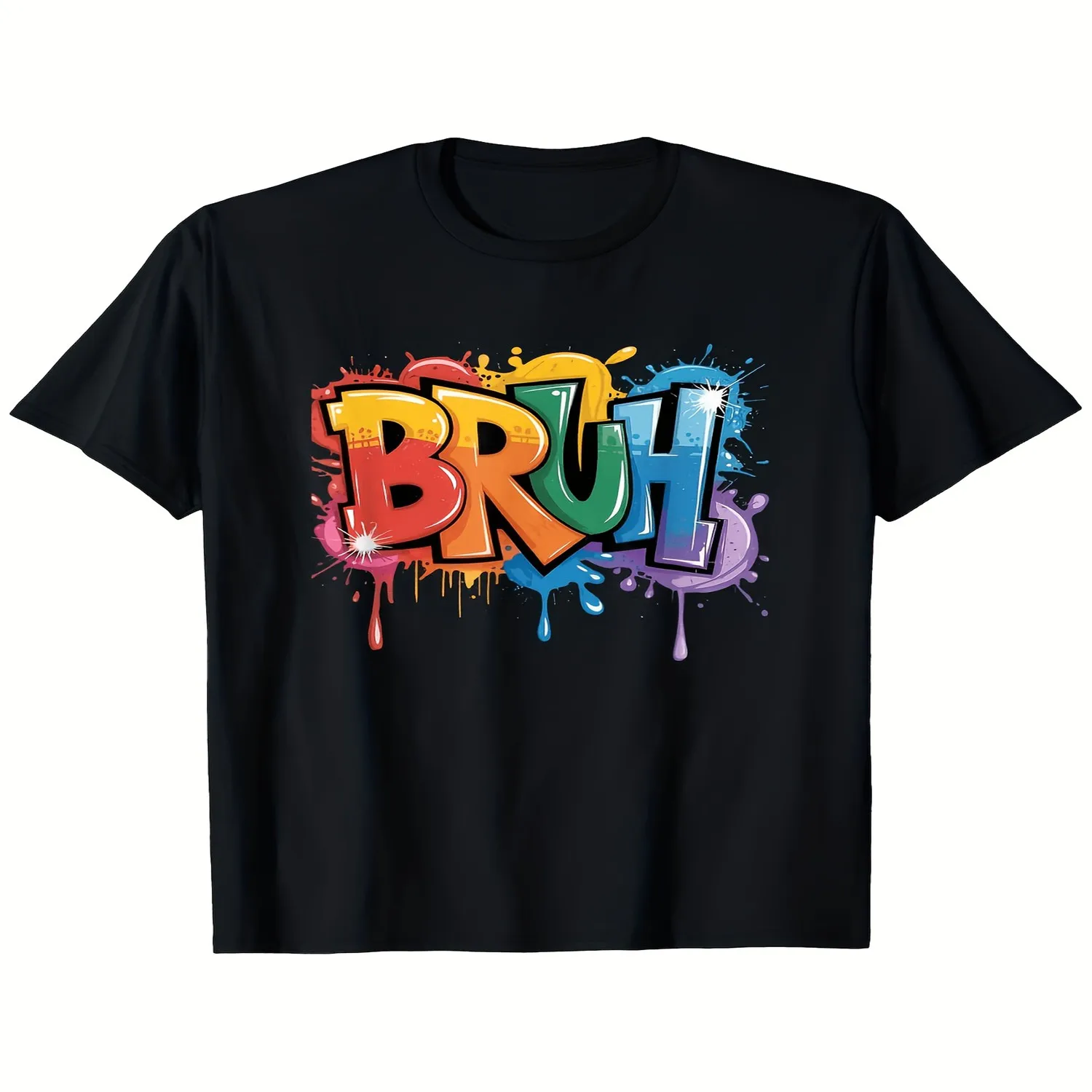 Boys' Bruh Meme Graphic T-Shirt, Vibrant Paint Drip Graffiti Print Black Regular Fit Short Sleeve Tee for Teens, Casual Streetwear Everyday Comfort Teen Shirts, Teenage Clothing Youthful Retro Ca Unisex tshirt, Graphic tshirt