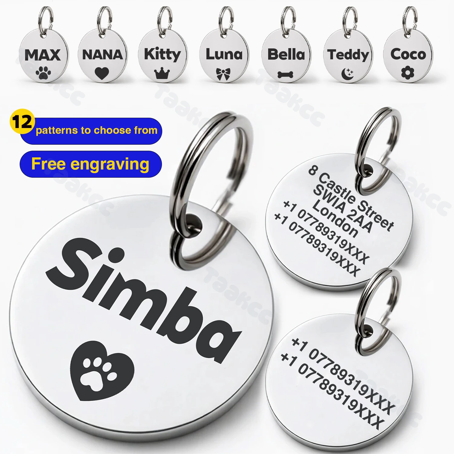 Taakcc – plaque d'identification pour chien et chat, étiquettes en acier inoxydable gravées, étiquette de nom d'identification pour chiot, ronde de 25mm, accessoires personnalisés gratuits pour animaux de compagnie et chiens