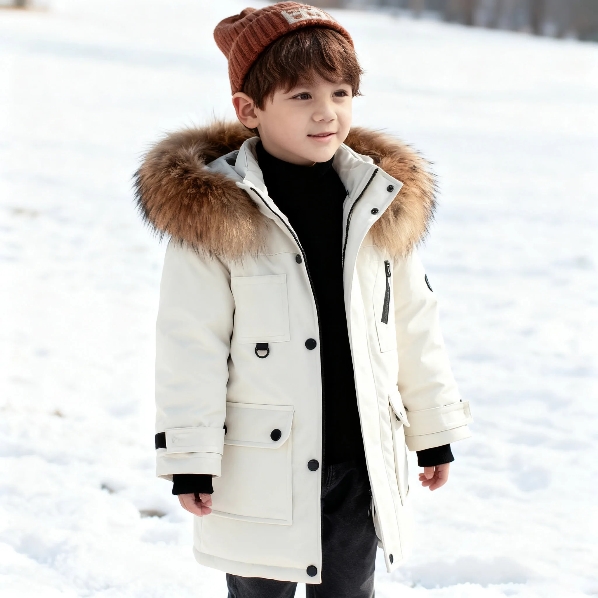 

Autumn Winter Boys Down Jacket Thicken Keep Warm Fur Collar Teenager Kids Long Style Hooded Coat Children Clothing Outerwear