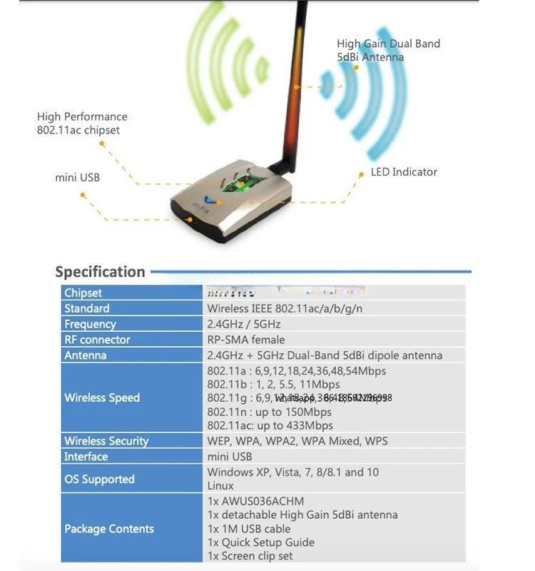 Tarjeta de Red ALFA AWUS036ACHM MT7610 802.11AC, fabricada en Taiwán, Mac Kali Linux