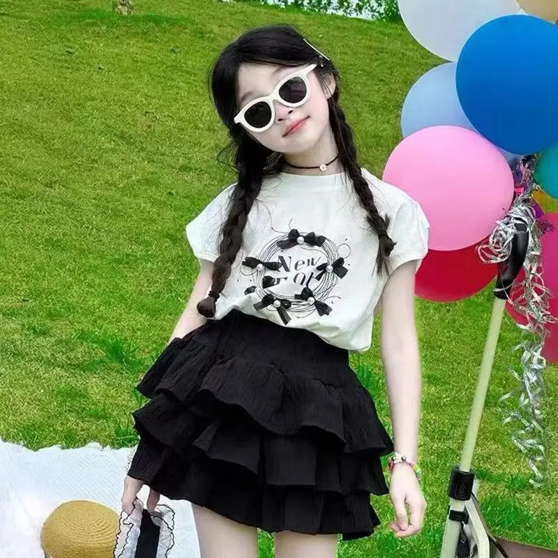 

Girls' Summer Cake Dress Set2026New stylish casual short-sleeved dress two-piece set for older children in princess style