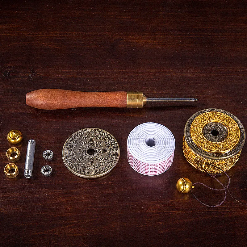 19.5cm Gold/Silver Alloy Copper Tranic Buddhist Clear Six Words Scriptures Smooth Hand Cranking Prayer Wheel