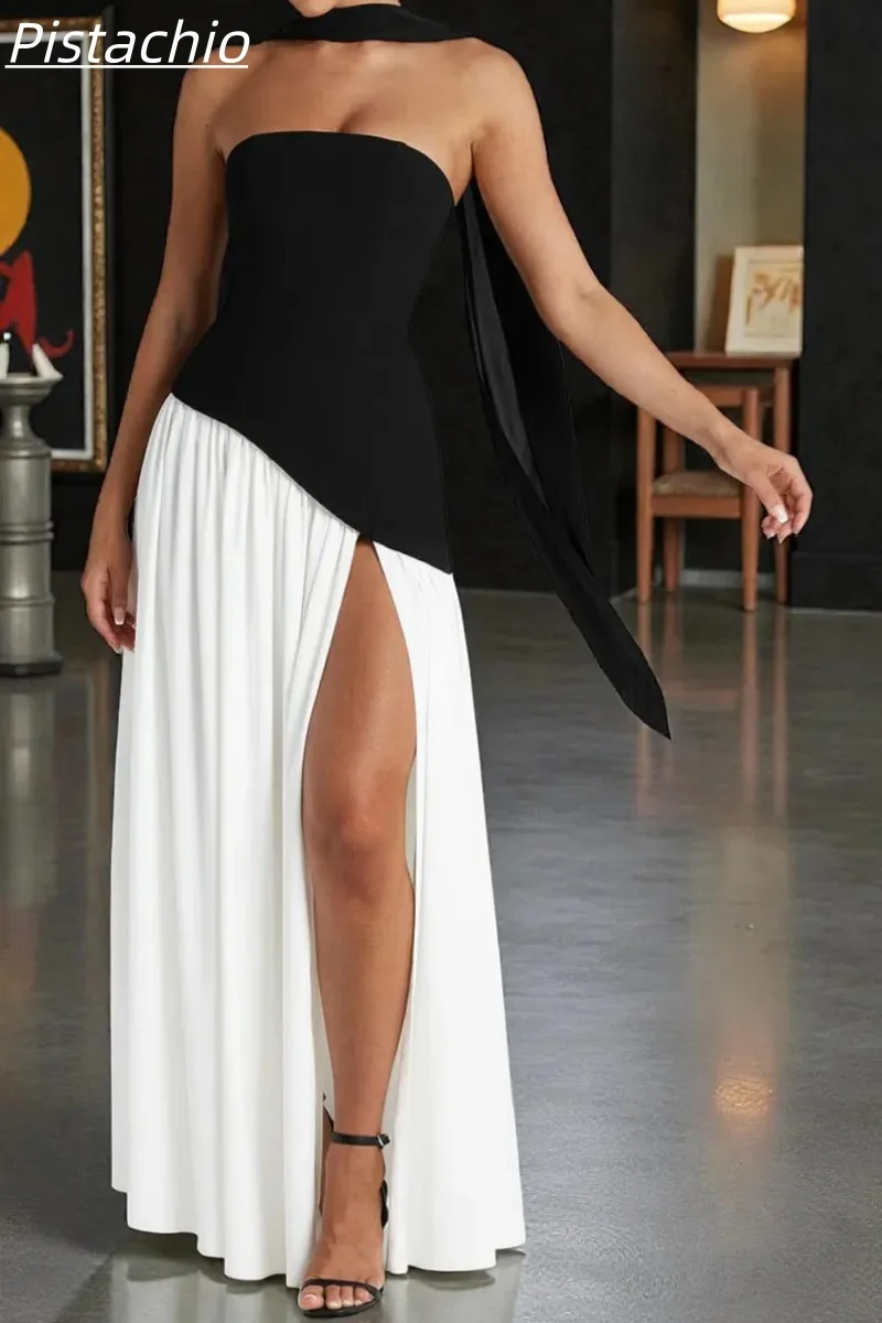 Elegant High Neck Patchwork Bodycon Dress, High Slit White & Black Evening Gown for Wedding Guest, Autumn & Winter