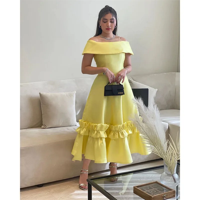 Elegant Off The Shoulder Evening Gown A-line Pleat Tea-Length Formal Evening Dresses Customize Birthday Party Dress 2024