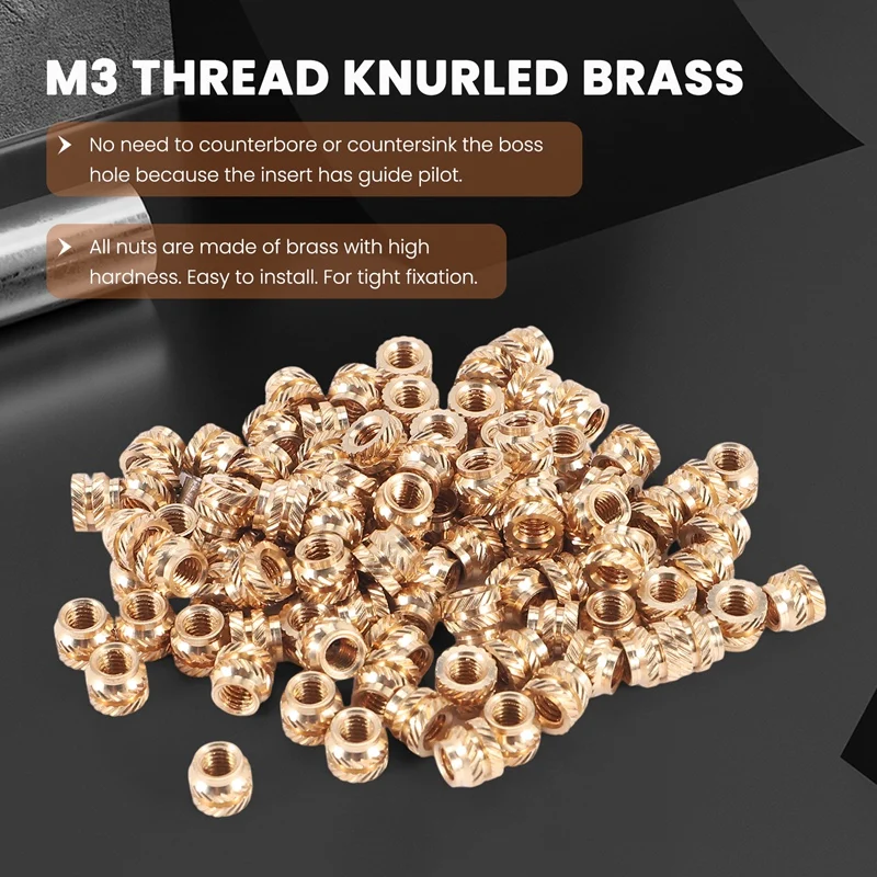 

100Pcs M3 Thread Knurled Brass Threaded Heat Set Heat Resistant Insert Embedment Nut,M3X5X4,For 3D Printer Voron 2.4 Etc