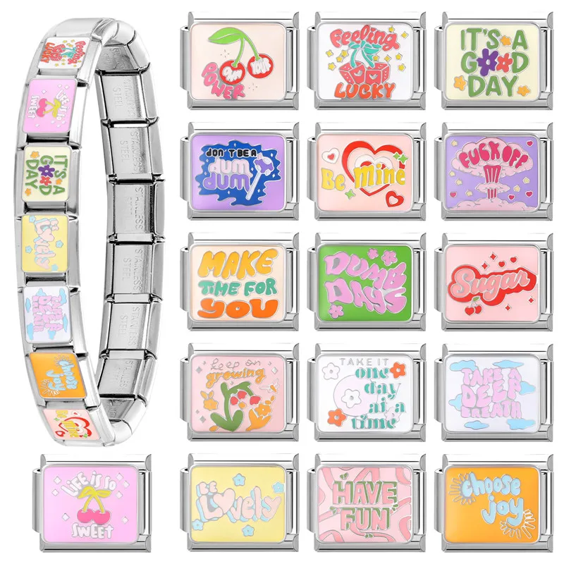 الكلمات الملونة الفن تصميم السلطة محظوظ متعة يكون بلدي سحر الإيطالية رابط صالح 9 مللي متر الفولاذ المقاوم للصدأ سوار الرجال النساء DIY بها بنفسك صنع