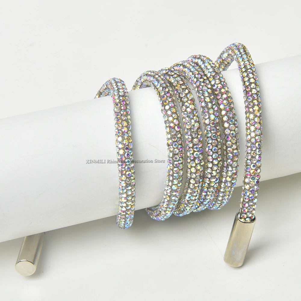 105/120cm Light Purple Crystal AB Glass Rhinestone Tube Cord Glitter Crystal String Strass Rope for Clothing Belt Hoodies