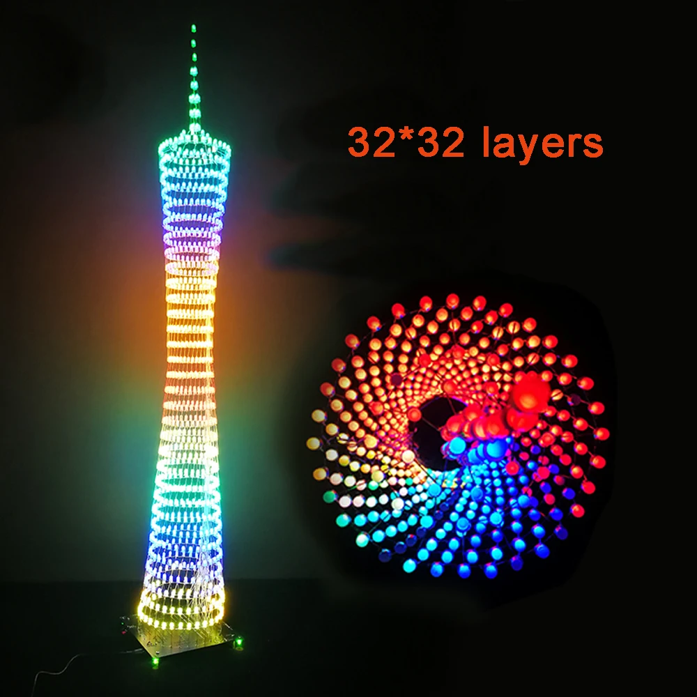 Kit di saldatura fai da te colorato bluetooth Canton Tower 32 strati x32 colonne LED light cube spettro musicale (non assemblato