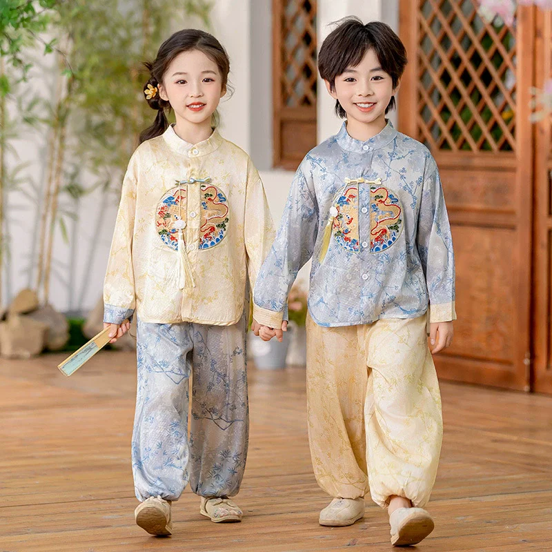 Summer Children\'s Tang Costume Performance Girl Suit Casual Baby Hanfu Traditional Chinese Clothing Boy Set Fashion Kids Outfit