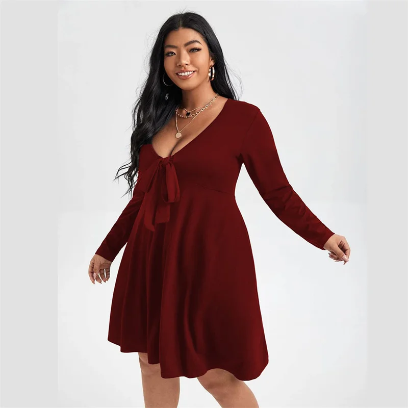 Robe grande taille pour femmes, mode printemps automne, Sexy, décolleté en v profond, nœud trapèze, vêtements surdimensionnés, manches longues, robe décontractée, 2022