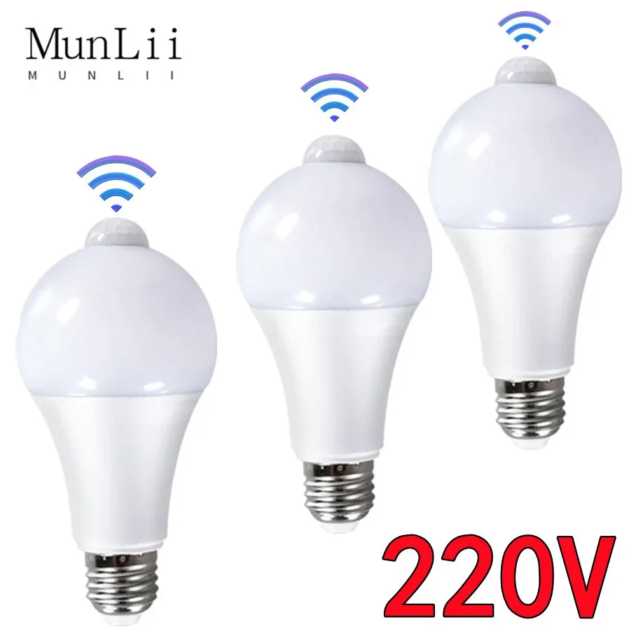 Munlii-pirモーションセンサーランプ、LED電球、モーションセンサー、赤外線放射、常夜灯、e27、12w、15w、18w、220v