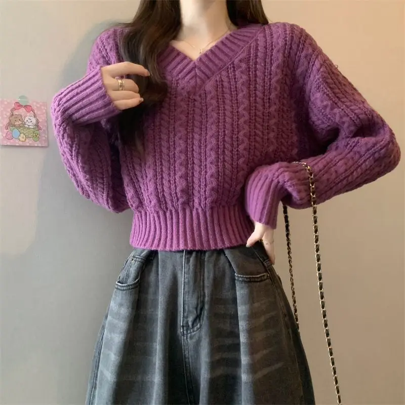 

Pullovers Women Elegant V-neck Elegant Feminine All-match Casual Solid Popular Knit Crops Korean Style Autumn Trendy Retro Cozy