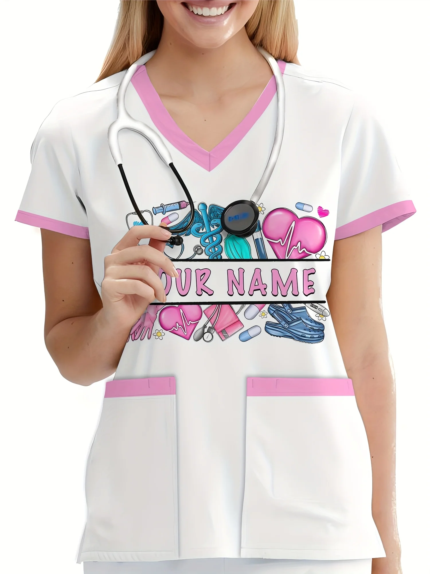 夏ナーススクラブ V ネックポケット付きスタイリッシュで快適な半袖ユニフォーム女性用女性半袖 T シャツトップ