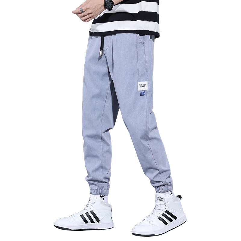 

Spring Summer Faux Jeans Men Cotton Thin Elastic Drawstring Waist Beam Feet Light blue Loose Joggers Sports Cargo Trousers Male