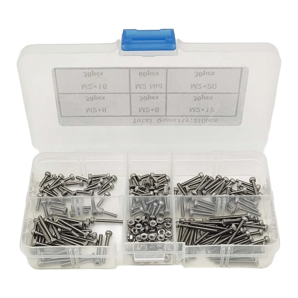 Cylindrical Head Hex Socket Screw and Nut Set 210 pcs SS304 M2x6 M2x8 M2x12 M2x16 M2x20 Stainless Steel Hardware