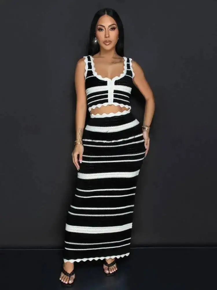 

New Fashion Lady Beach Outfits Casual Striped Knitted 2 Piece Set Women Single Breasted Tank Tops Long Skirts Female Set LK9V