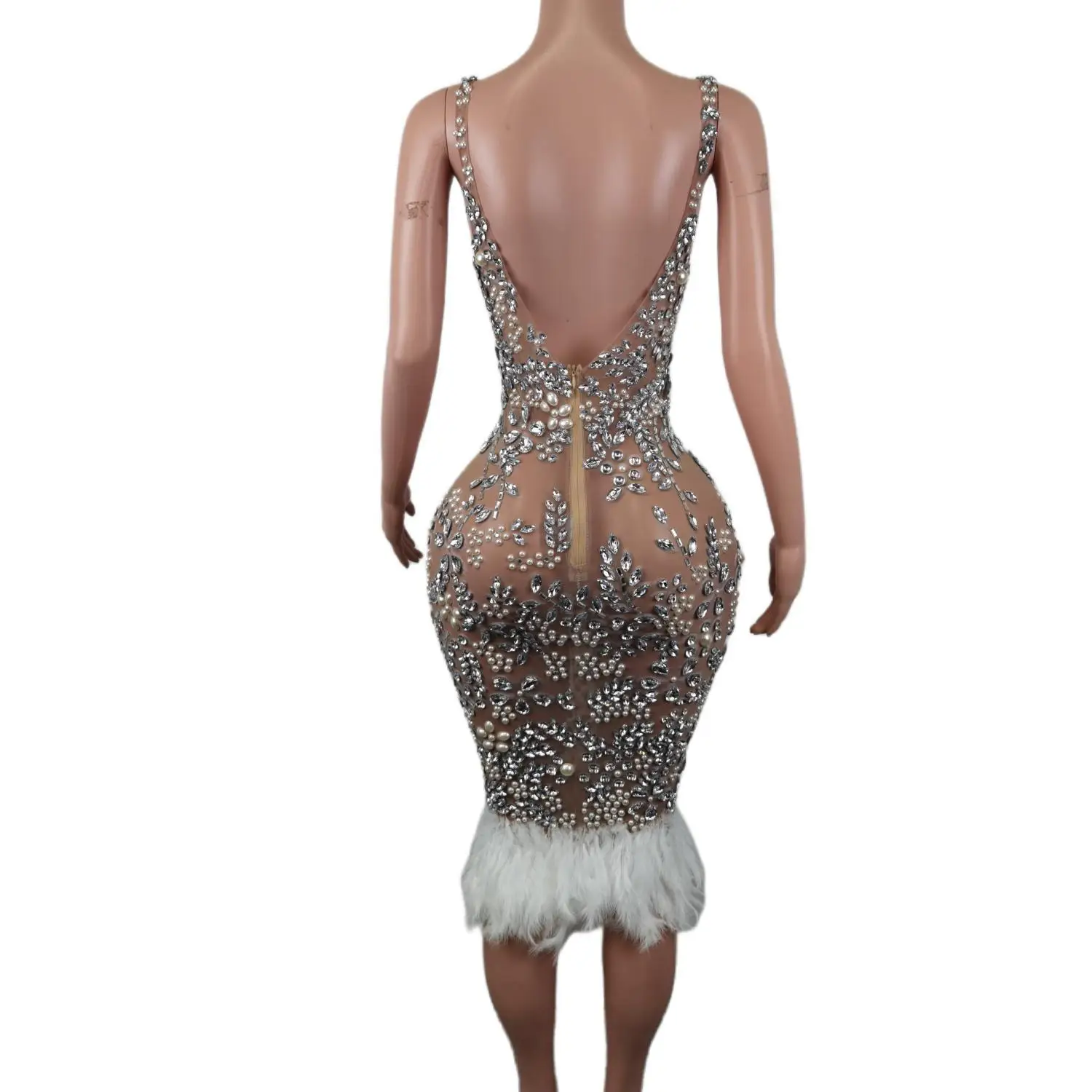 Women Shining Pearls Rhinestones White Feathers Dress Party Evening Performance Sexy Wrapped Hip Dress Bar Stage Costume Meihua