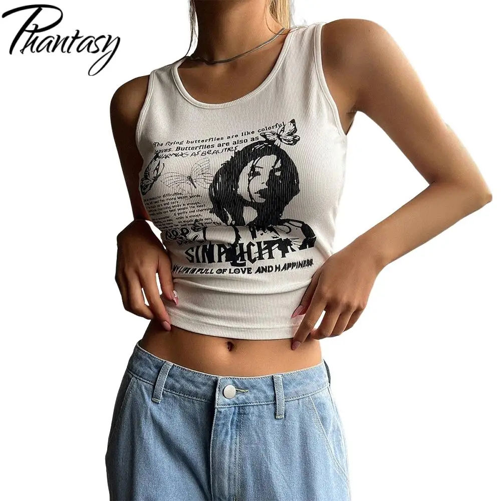 Phantasy Y2K Women Vest Sexy Short Tank 3D Printing Fashion O Neck Tops Skinny White Streetwear Women Spring Summer Slim Tees