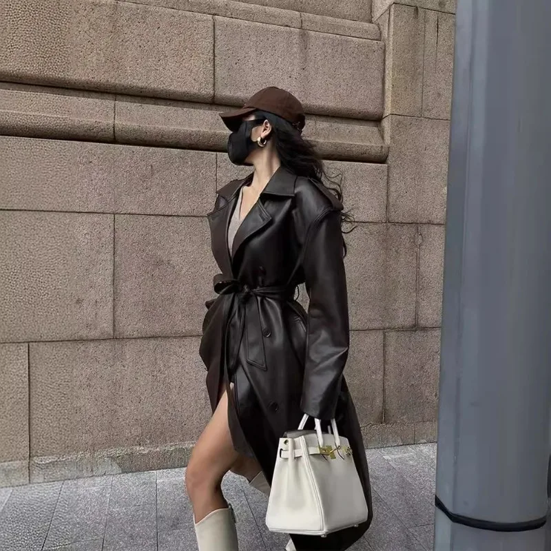 Spring Autumn Retro Long Black and Brown PU Leather Coat Women Double Breasted with Belt Slimming Fashion Leather Jacket Women's