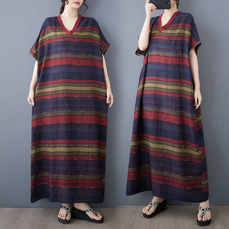 

Summer New Loose Cotton Linen Print V-neck Long Dress Women's Beach Skirt Thin Simple Vacation Style Citywalk Straight Tube