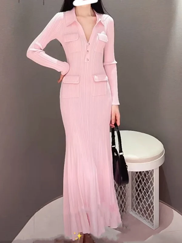 

Длинное вязаное платье Ele Long Knitted Dr Girlfriend 23SP Sweet Girl Pink с воротником-стойкой, облегающее, с юбкой-рыбьим хвостом, с завышенной талией, А-силуэт