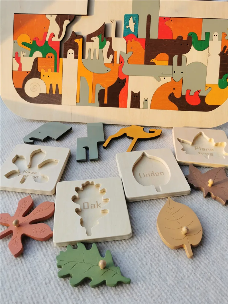 

Kids Wooden Educational Animals Noah's Ark Puzzle Toys Solid Leaves Jigsaw for Baby Early Learning