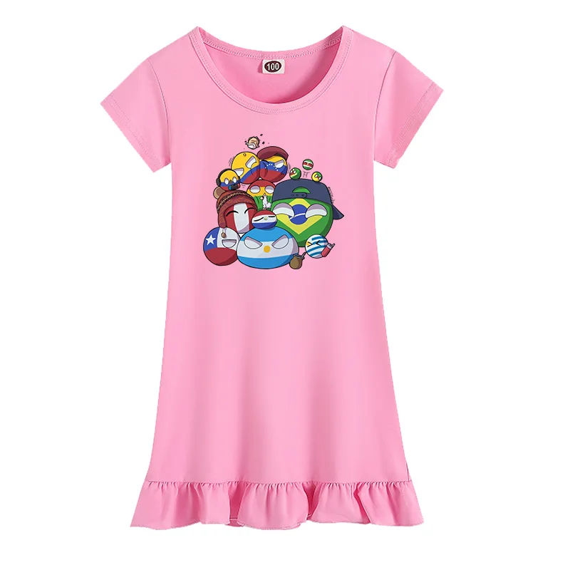 New Summer Polandball Countryball Kids Costume Baby Girls Homewear Cartoon Short Sleeve Nightgowns Children Dresses Sleepwear