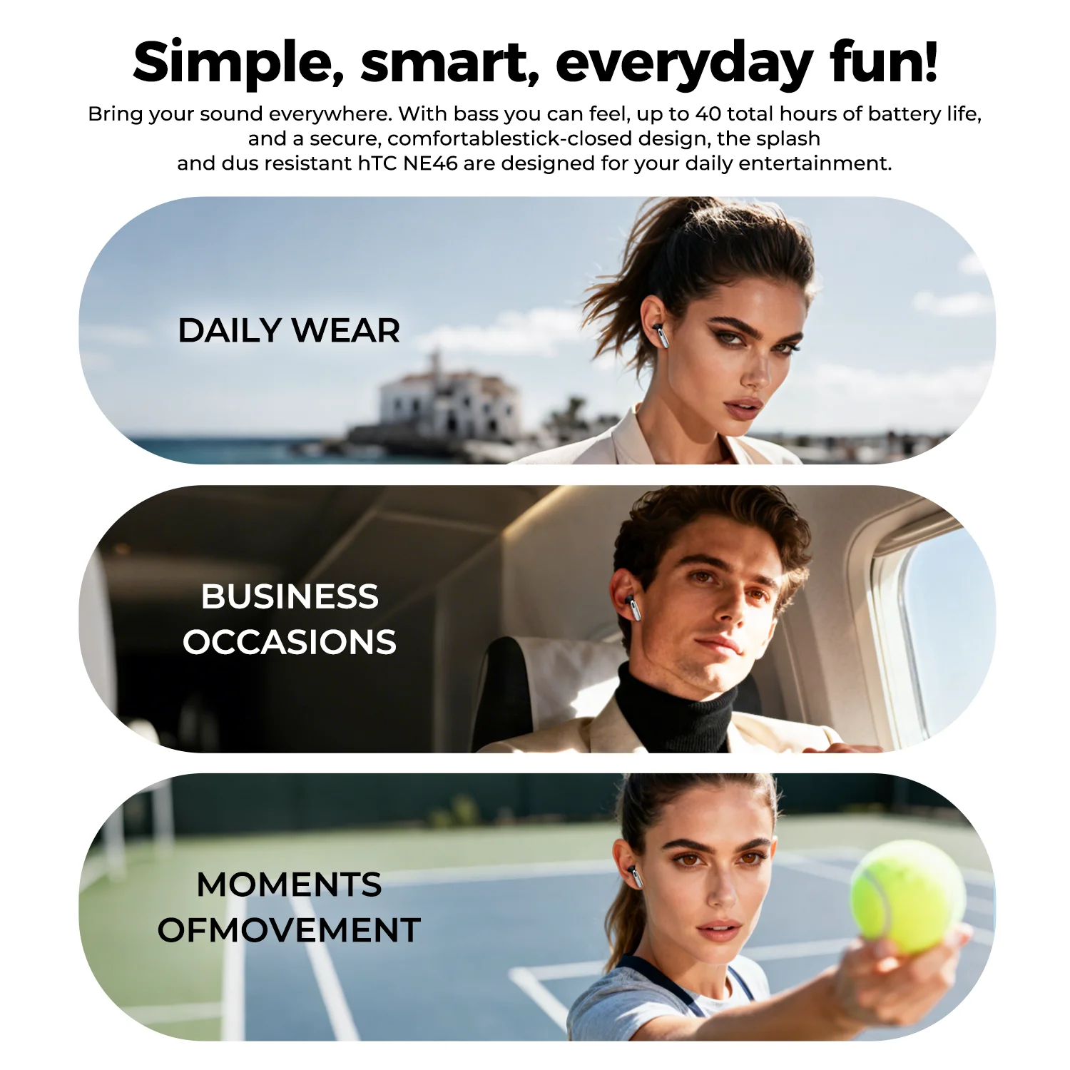 سماعات بلوتوث HTC سماعات لاسلكية كاملة الوضوح شاشة LCD سماعة أذن مزودة بخاصية إلغاء الضوضاء مريحة لرياضة الموسيقى