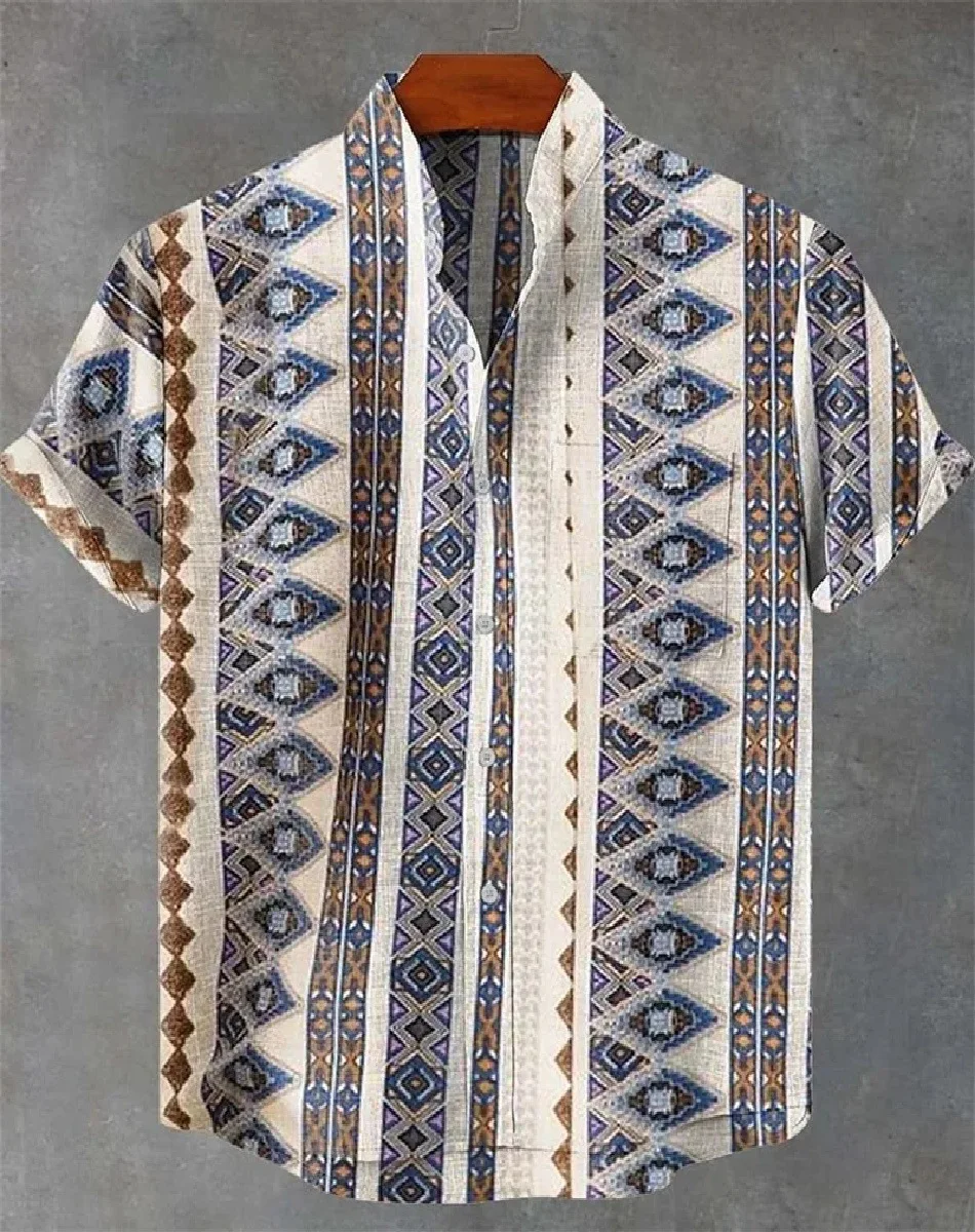 New casual shirt men's linen short sleeved top printed design fashionable street style fashionable Hawaiian button top