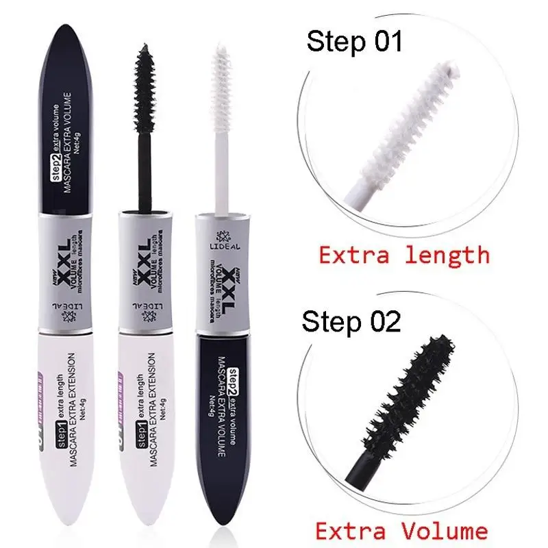 2 IN 1 Black Mascara Waterproof Fine Double Headed Fiber Silk Volume Double Effect Long Lasting Curling Eyes Makeup No Smudging