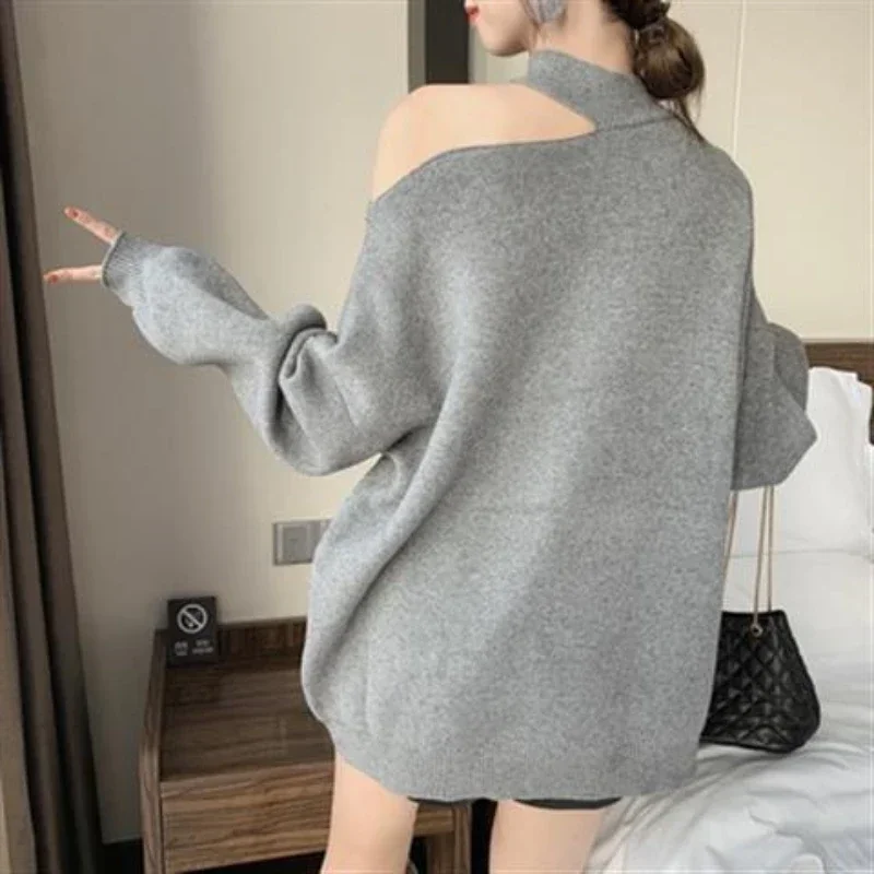 Women's Sweater Halter Neck Knit Tops for Woman Brown Off The Shoulder Pullovers Long Trend 2024 Sleeve Modern Korean Style Tall