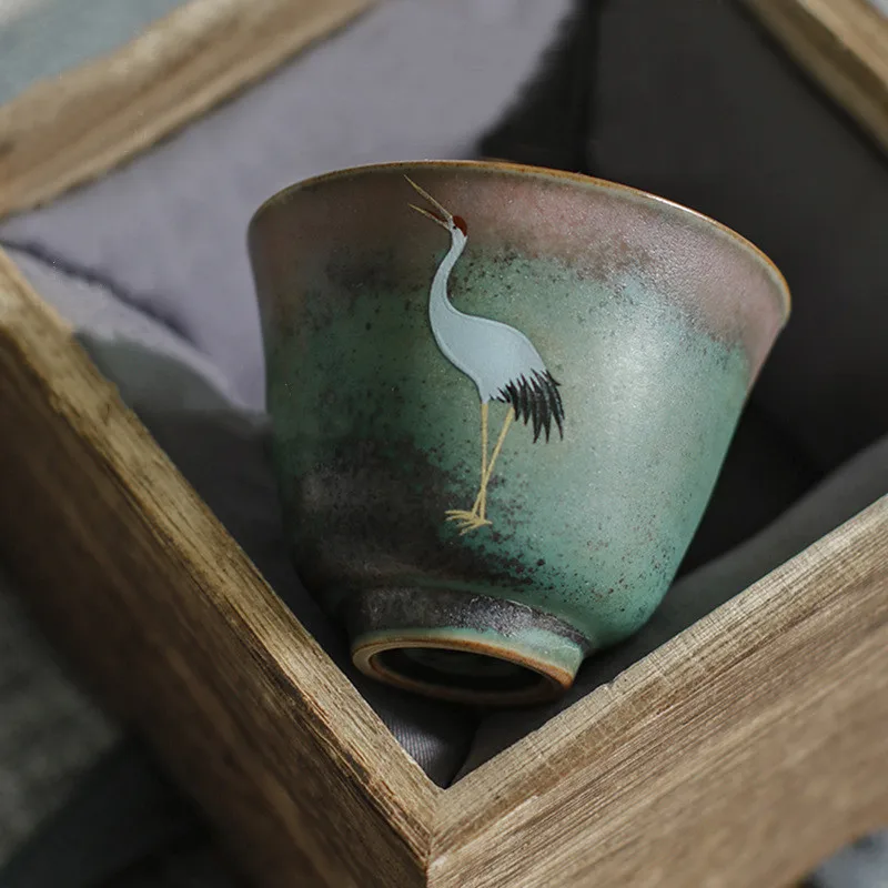 Lot de 2 tasses individuelles en céramique de style japonais, transformées au four radiant, motif grue, tasse à thé, tasse de maître, avec sac cadeau