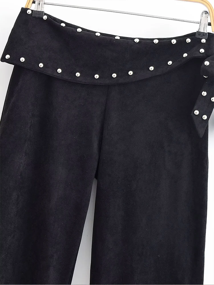 European style new women's fashion versatile and elegant high-waisted wrap skirt-style flared trousers with rivets