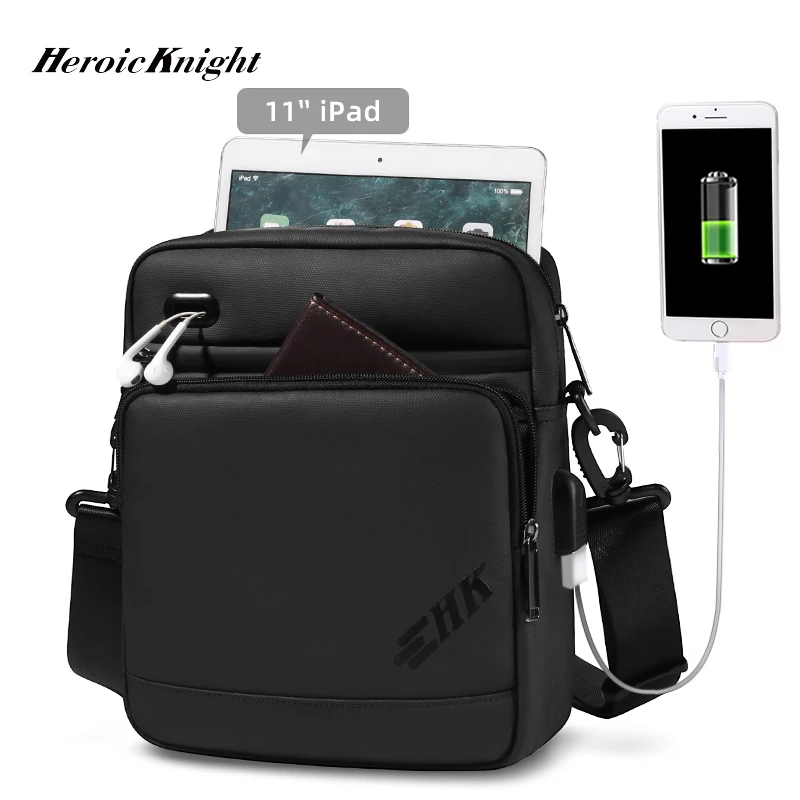 

Heroic Knight Luxury Men Shoulder Bag Fit 11 Inch IPad High Quality Business Messenger Bag Large Travel Sling Cross Bag With USB