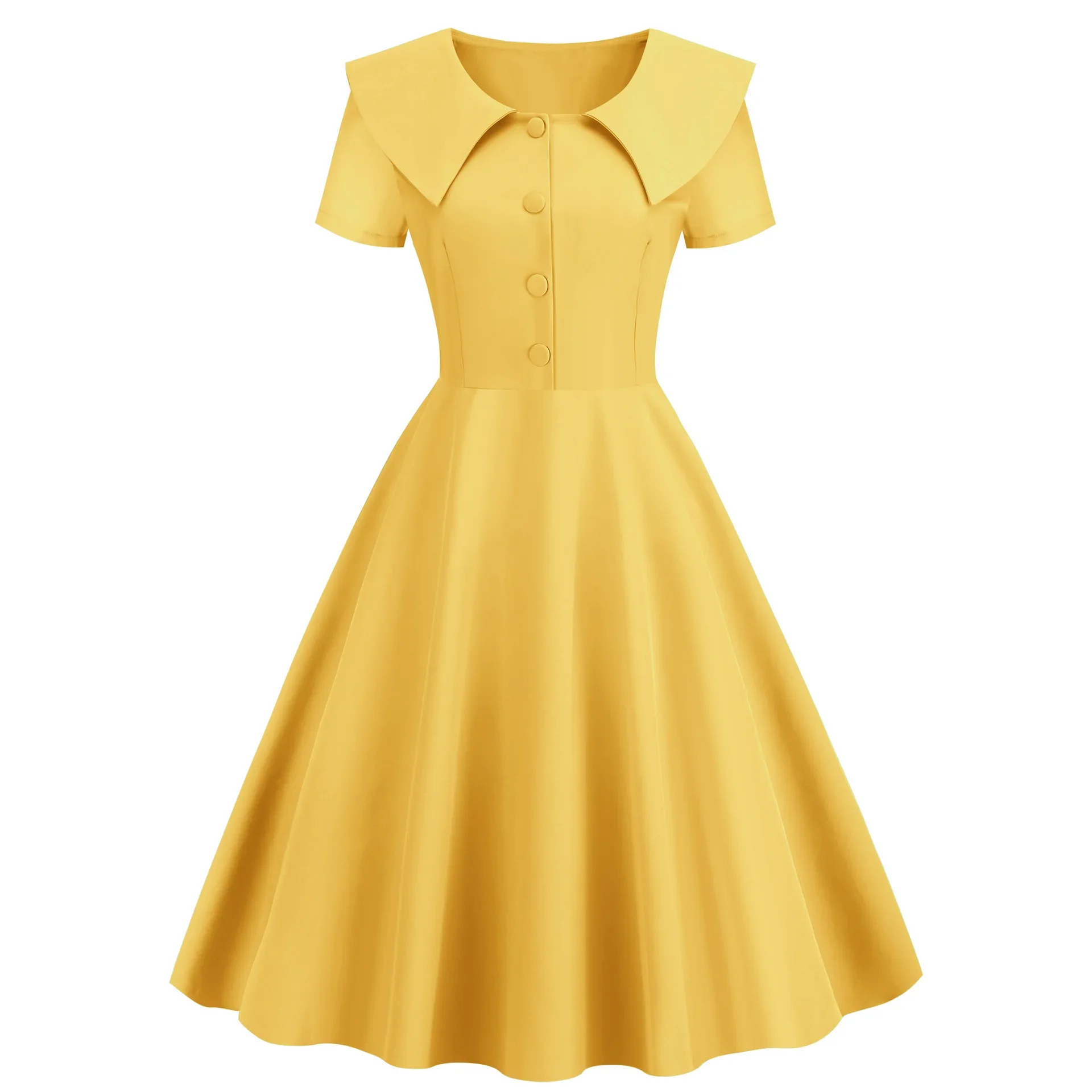 Vestido vintage de cintura alta linha A feminino, elegante gola virada para baixo, senhora do escritório streetwear fino, monocromático, primavera, verão