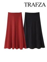 TRAFZA Women Fashion Versatile High-Waisted Silk Satin Textured Midi Skirt Female Elegant High Street Elastic Waist Skirt Mujer